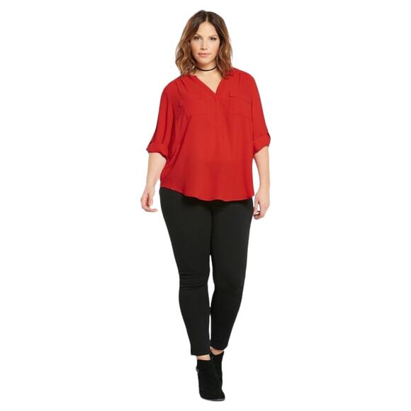 Torrid Top Womens Size 2 Red Georgette 3/4 Roll Tab Sleeve Pockets Popover Tunic - Picture 1 of 12